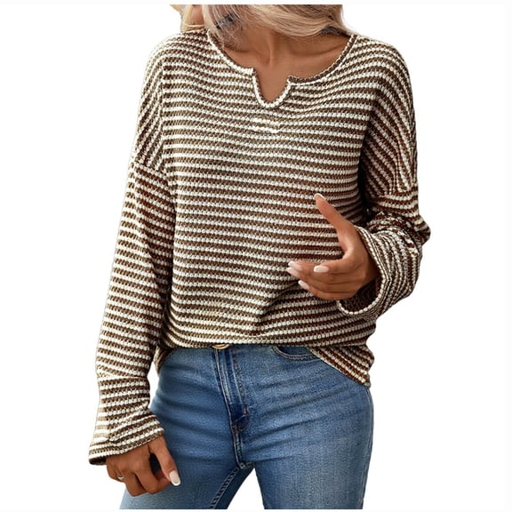 Lenpel Women's Long Sleeve Tops Trendy Notched V Neck Striped Textured Knit T Shirts Soft Casual Tees Loose Tunic Blouses(Brown,Small)