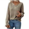thumbnail image 1 of Lenpel Women's Long Sleeve Tops Trendy Notched V Neck Striped Textured Knit T Shirts Soft Casual Tees Loose Tunic Blouses(Brown,X-Large), 1 of 7