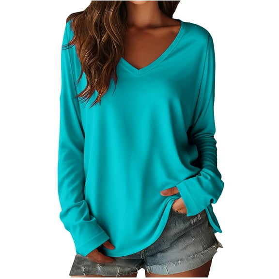 Lenpel Women's Long Sleeve Tops Trendy V Neck Solid Color T Shirts Loose Tunic Blouses Soft Casual Basic Tees(Sky Blue,XX-Large)