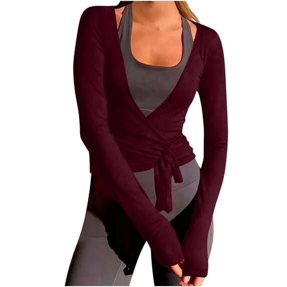 Lenpel Women's Long Sleeve Workout Tops Crossover Deep V Neck Tie Side Ruched Slim Yoga Shirts Cover Up Blouses(Wine,Small)
