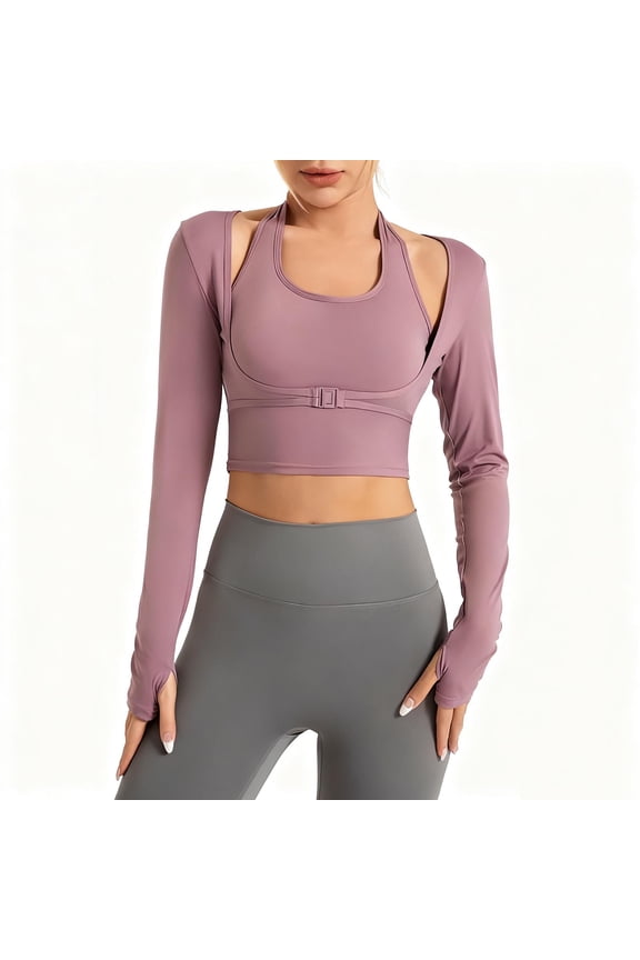 Women's Long Sleeve Workout Tops Scoop Neck 2 in 1 Slim Mesh Crop Tops Athletic T-Shirts Gym Yoga Tees(Purple,X-Large)