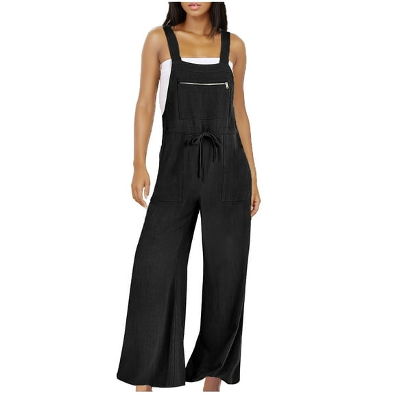 Lenpel Women's Loose Overalls Sleeveless Adjustable Strap Square Neck Wide Leg Casual Jumpsuits Summer Baggy Bib Rompers Pockets