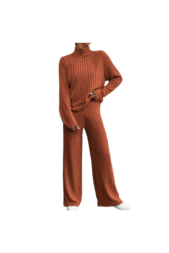 Women's Lounge Sets 2 Piece Ribbed Knit Soft Long Sleeve Turtleneck Top Wide Leg Pants Casual Sweater Suits