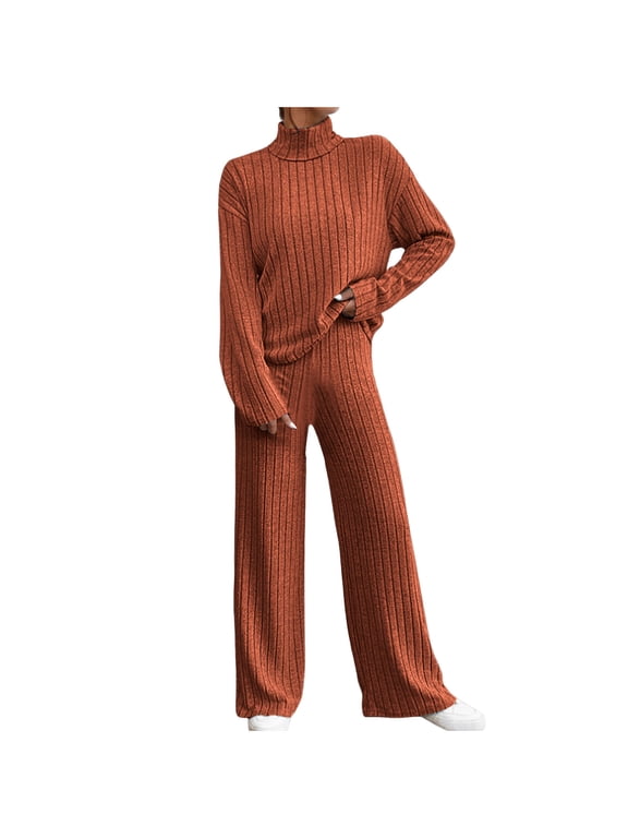 Women's Lounge Sets 2 Piece Ribbed Knit Soft Long Sleeve Turtleneck Top Wide Leg Pants Casual Sweater Suits