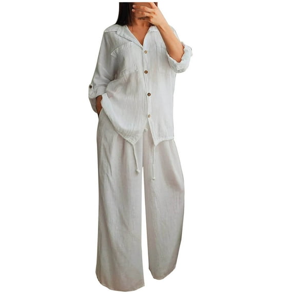 Lenpel Women's Loungewear Set Plus Size Cotton Linen Long Sleeve Button down Shirts Palazzo Pants Spring Casual Outfits
