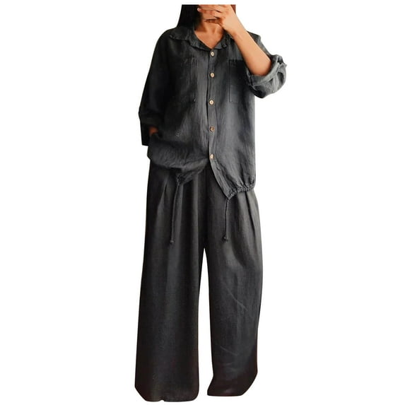 Lenpel Women's Loungewear Set Plus Size Cotton Linen Long Sleeve Button down Shirts Palazzo Pants Spring Casual Outfits