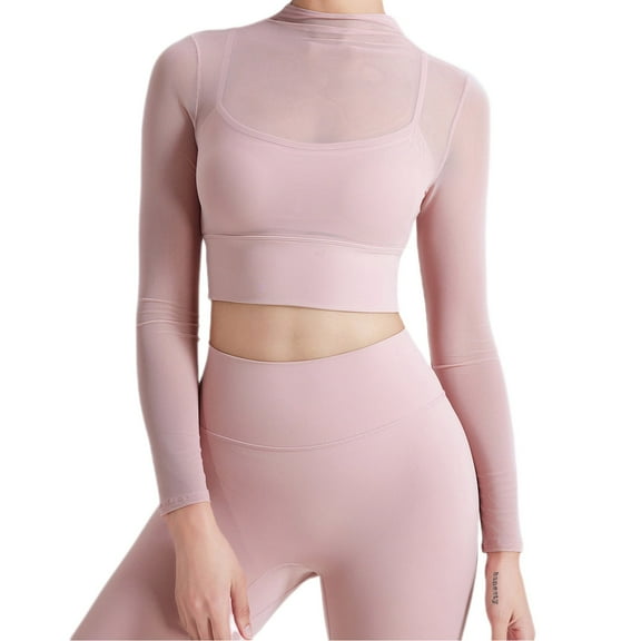 Lenpel Women's Mesh Crop Top Mock Neck Long Sleeve See Through Workout Yoga Shirts Clubwear Blouse