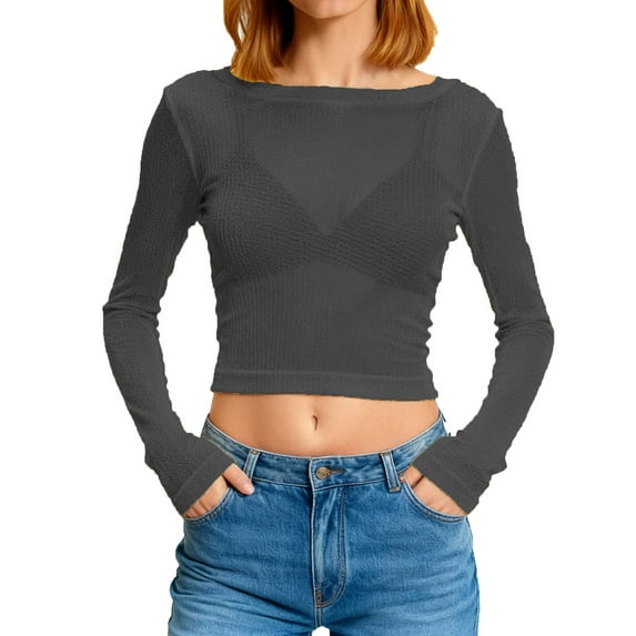 Lenpel Women's Mesh Crop Tops Long Sleeve Crew Neck Solid Color See Through Slim T Shirts Going out Blouses(Black,Small)