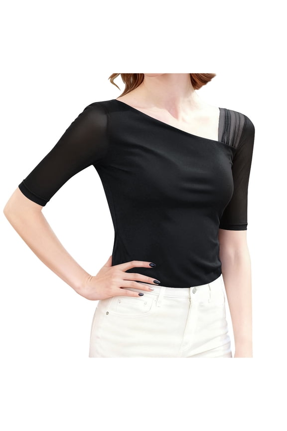 Women's Mesh Tops Half Sleeve Asymmetrical Neck Patchwork Slim T-Shirts Tight Casual Tee Shirts Going out Blouses(Black,Small)