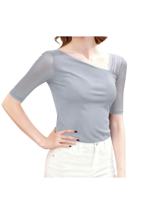 Women's Mesh Tops Half Sleeve Asymmetrical Neck Patchwork Slim T-Shirts Tight Casual Tee Shirts Going out Blouses(Gray,X-Large)