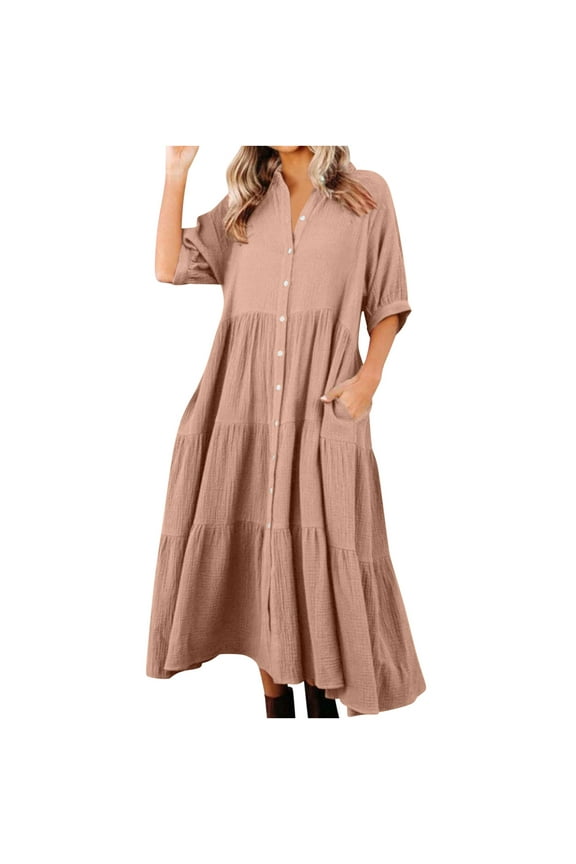 Women's Midi Dresses 3/4 Length Sleeve V Neck Button down Tiered A-Line Dresses Casual Long Shirt Dress