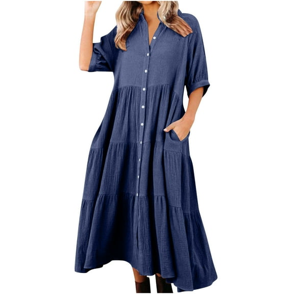 Lenpel Women's Midi Dresses 3/4 Length Sleeve V Neck Button down Tiered A-Line Dresses Casual Long Shirt Dress