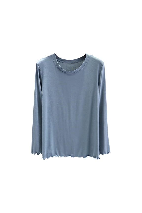 Women's Modal T-Shirts Long Sleeve Crew Neck Ruffle Trim Loose Base Layer Tops Basic Casual Undershirts(Blue,Medium)