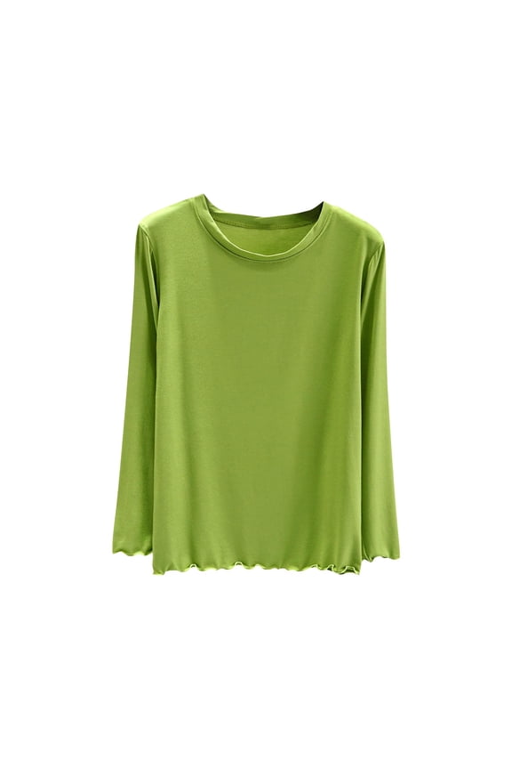 Women's Modal T-Shirts Long Sleeve Crew Neck Ruffle Trim Loose Base Layer Tops Basic Casual Undershirts(Green,Medium)