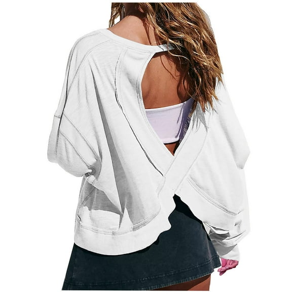 Lenpel Women's Open Back Tops Crew Neck Long Sleeve Backless Asymmetrical Hem T Shirts Loose Casual Blouses