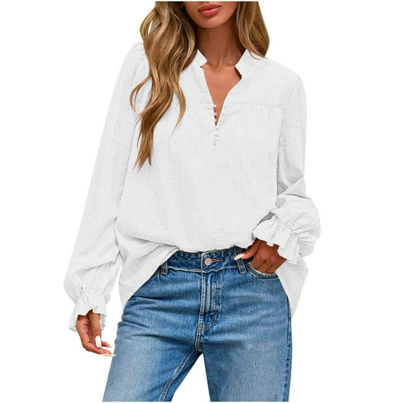Lenpel Women's Oversized Blouses Casual V Neck Quarter Button Embroidered Ruffle Long Sleeve Shirts Loose Tunic Tops(White,X-Large)