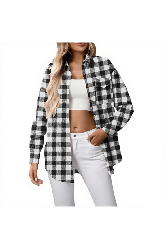 Women's Oversized Button down Shirts Long Sleeve Collared Curved Hem Plaid Tunic Tops Loose Casual Blouses with Pocket(Black,Medium)