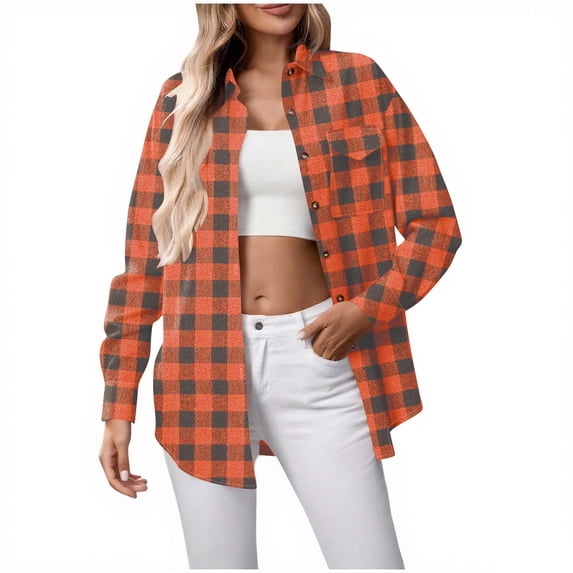 Lenpel Women's Oversized Button down Shirts Long Sleeve Collared Curved Hem Plaid Tunic Tops Loose Casual Blouses with Pocket(Orange,Medium)