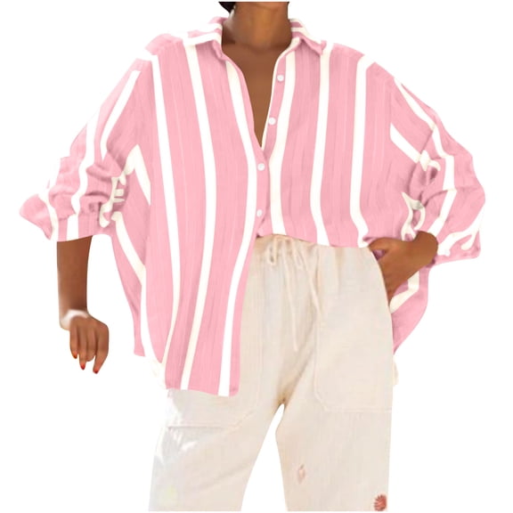 Lenpel Women's Oversized Button down Shirts Long Sleeve Collared Curved Hem Pleated Striped Tunic Tops Loose Casual Blouses(Pink,Large)