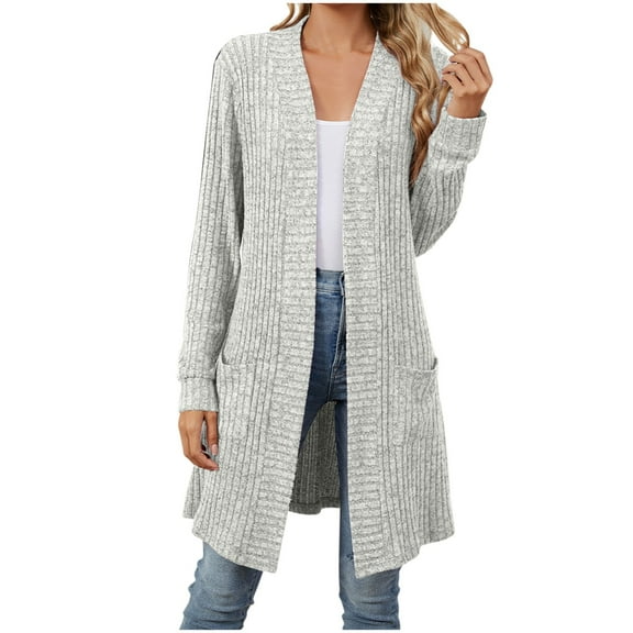 Lenpel Women's Oversized Cardigan Sweaters Casual Long Sleeve Open Front Ribbed Knit Cardigans Soft Outwear Coats with Pockets(Gray,Small)