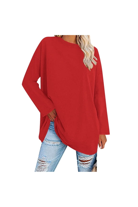 Women's Oversized Long Sleeve T Shirts Soft Casual Crew Neck Solid Color Tunic Tops Trendy Loose Blouses