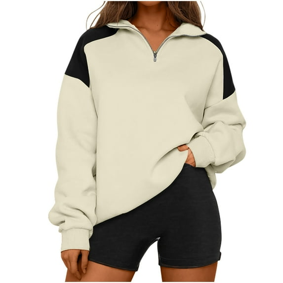 Lenpel Women's Oversized Sweatshirts Quarter Zip up Long Sleeve Color Block Pullover Tops Fashion Fall Outfits