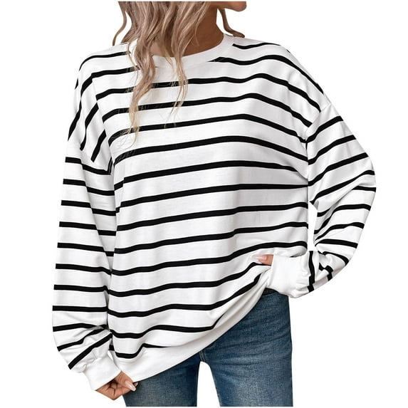 Lenpel Women's Oversized Sweratshirts Long Sleeve Color Block Striped Pullover Tops Loose Crew Neck Fall Outfits