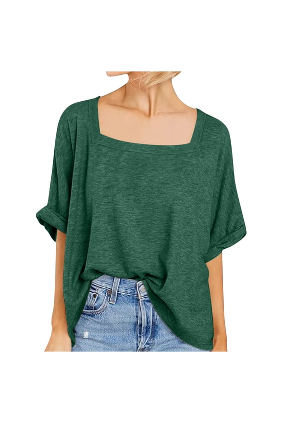 Women's Oversized T Shirts Fashion Square Neck Short Sleeve Solid Color Casual Tee Blouses Loose Summer Tops