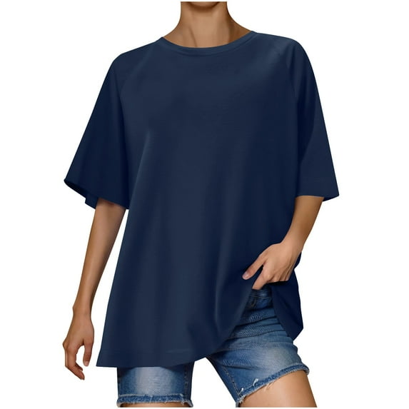 Lenpel Women's Oversized T Shirts Trendy Short Sleeve Crew Neck Solid Color Soft Casual Tees Loose Summer Tops