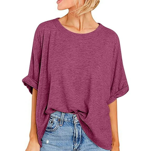 Lenpel Women's Oversized T Shirts Half Sleeve Crew Neck Solid Color Casual Loose Basic Tees Trendy Tunic Tops