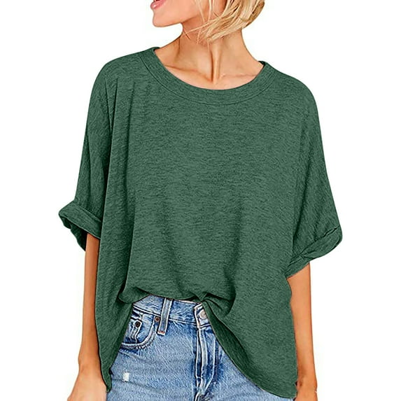 Lenpel Women's Oversized T Shirts Half Sleeve Crew Neck Solid Color Casual Loose Basic Tees Trendy Tunic Tops