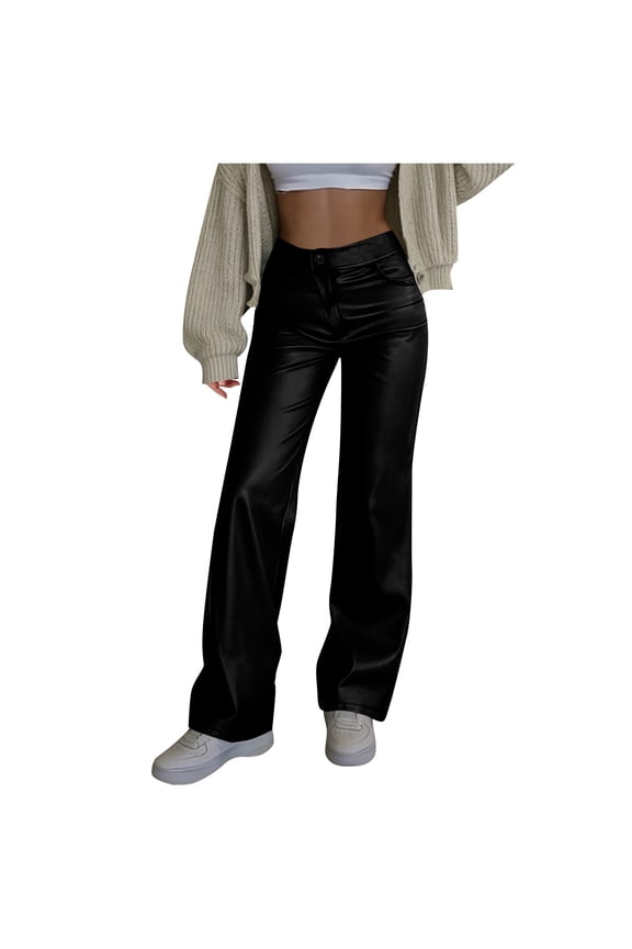 Women's PU Leather Pants Loose Elastic High Waisted Straight Leg Pants Streetwear Casual Trousers with Pockets(Black,X-Large)