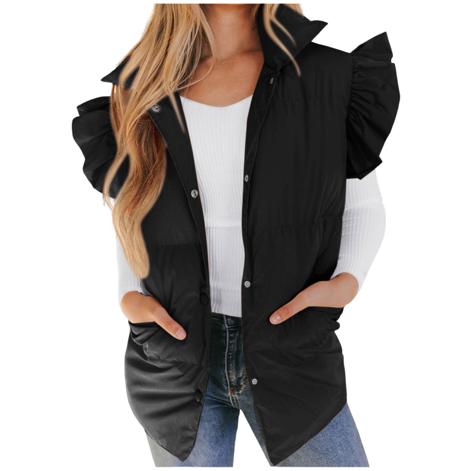 Lenpel Women's Padded Vests Button down Ruffle Sleeveless Puffer Jackets Lightweight Winter Coat with Pockets