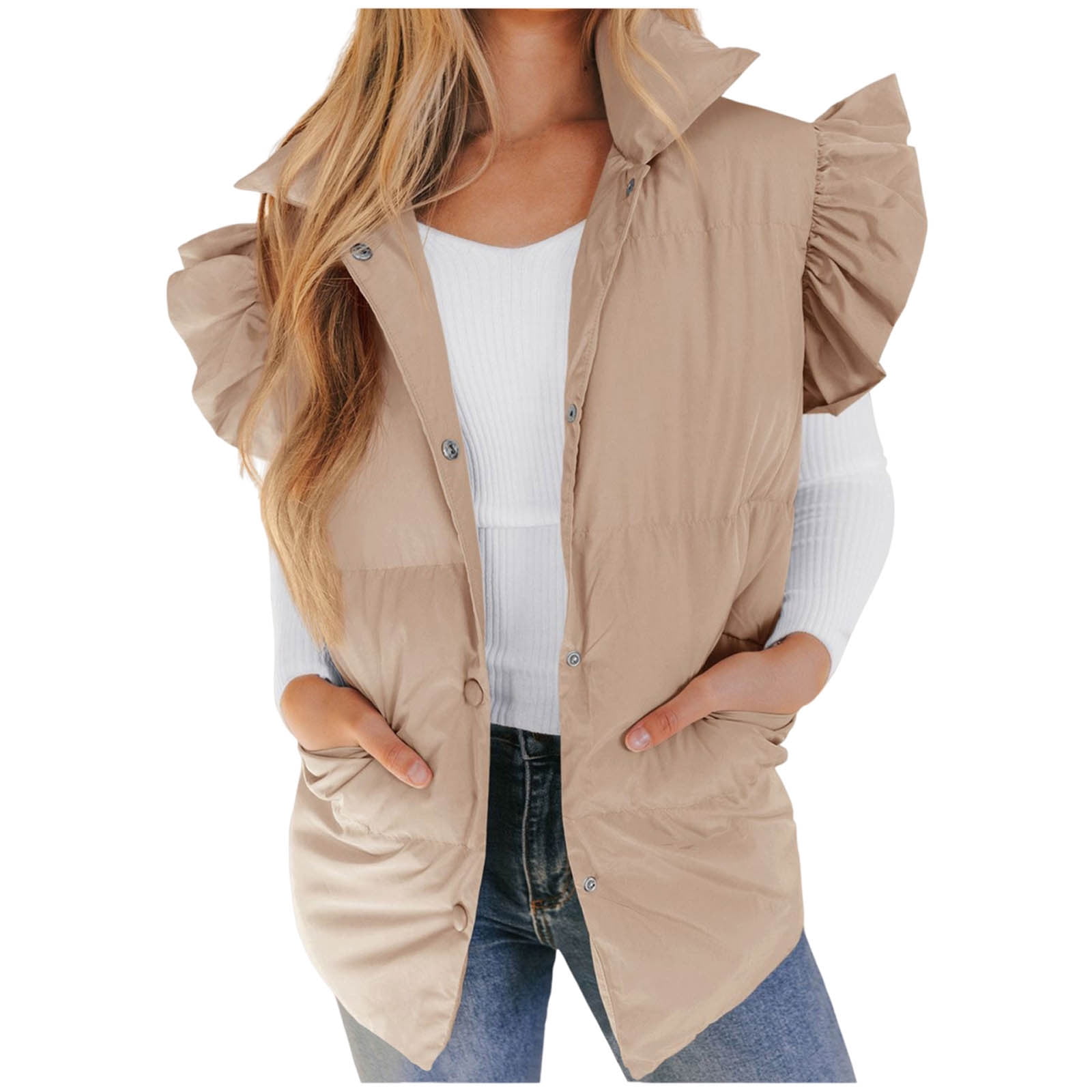 Lenpel Women's Padded Vests Button down Ruffle Sleeveless Puffer Jackets Lightweight Winter Coat with Pockets