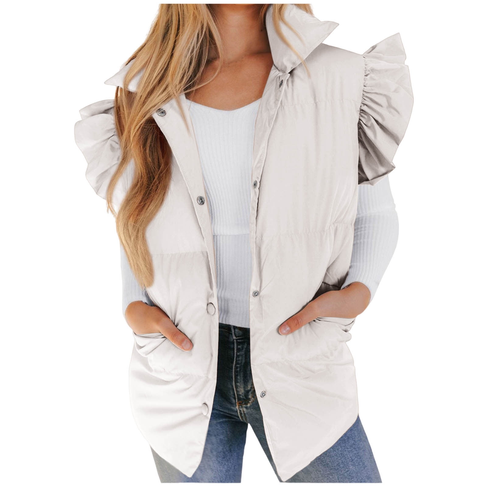 Lenpel Women's Padded Vests Button down Ruffle Sleeveless Puffer Jackets Lightweight Winter Coat with Pockets