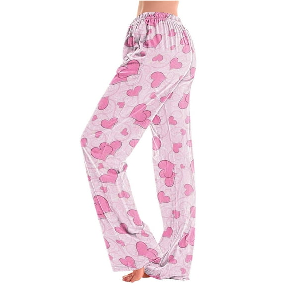 Lenpel Women's Pajama Pants Elastic Waisted Wide Leg Valentine's Day Printed Plus Size Lounge Pants Soft Pj Bottoms