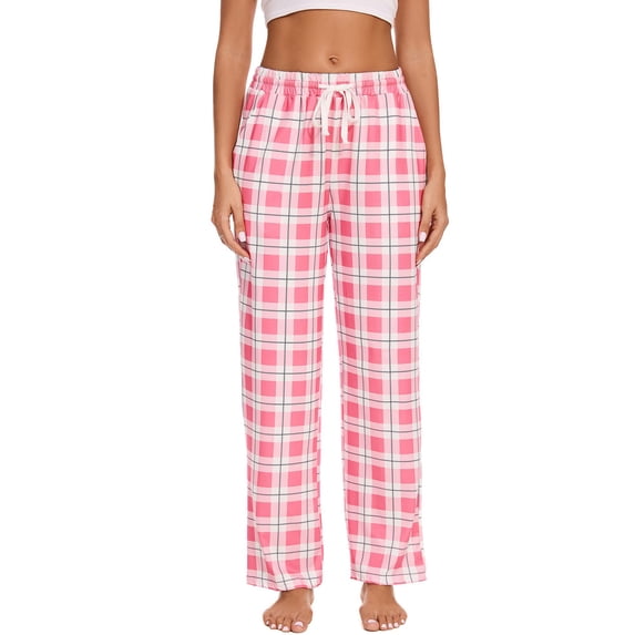 Lenpel Women's Pajama Pants Plaid Elastic High Waisted Drawstring Wide Leg Lounge Pants Palazzo Casual Trousers with Pockets