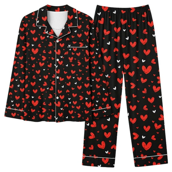 Lenpel Women's Pajama Sets Valentine's Day Long Sleeve Button down Heart Print Shirt Pj Pants Sleepwear Lounge Set