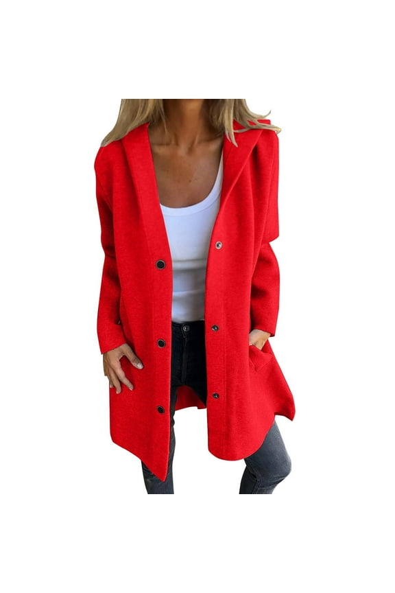 Women's Peacoat with Hood Trendy Button down Wool Blend Thermal Overcoat Fall Winter Trench Jackets