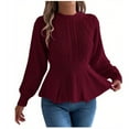thumbnail image 1 of Lenpel Women's Peplum Sweaters Crochet Mock Neck Lantern Long Sleeve Ruffle Hem Cable Knit Pullover Tops Trendy Casual Sweaters(Wine,Small), 1 of 7
