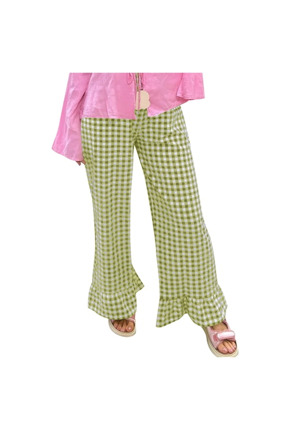 Women's Plaid Flare Pants Elastic Waist Ruffle Hem Wide Leg Pants Baggy Casual Trousers Palazzo Travel Pants(Yellow,Small)