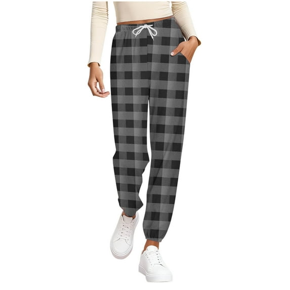 Lenpel Women's Plaid Pajama Pants Elastic High Waisted Drawstring Comfy Lounge Sleep Pj Bottoms Casual Jogger Pants with Pockets(Gray,Medium)