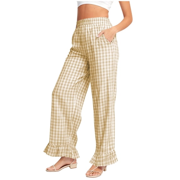 Lenpel Women's Plaid Pants Elastic High Waisted Ruffle Hem Wide Leg Lounge Pants Baggy Casual Trousers with Pockets(Khaki,XX-Large)