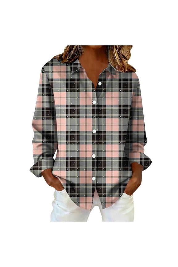 Women's Plaid Shirts Plus Size Long Sleeve Button down Collared Curved Hem Casual Tops Loose Fashion Blouses(Orange,X-Large)