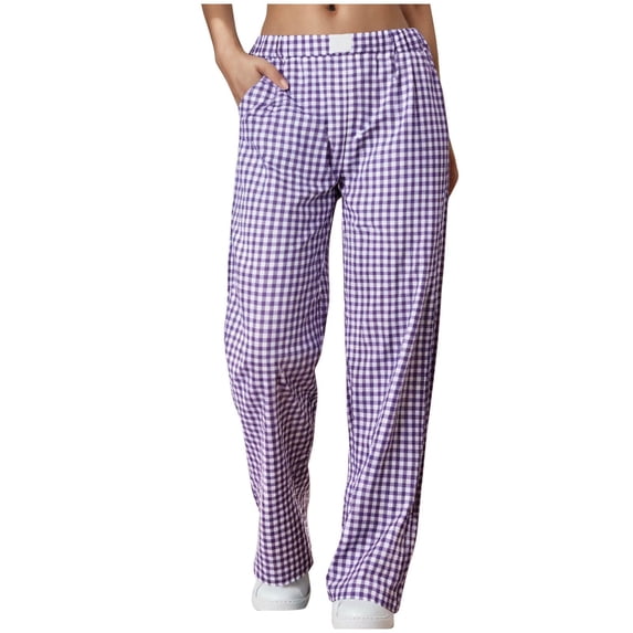 Lenpel Women's Plaid Wide Leg Pants Elastic High Waisted Drawstring Pajama Lounge Pants Loose Casual Trousers with Pockets