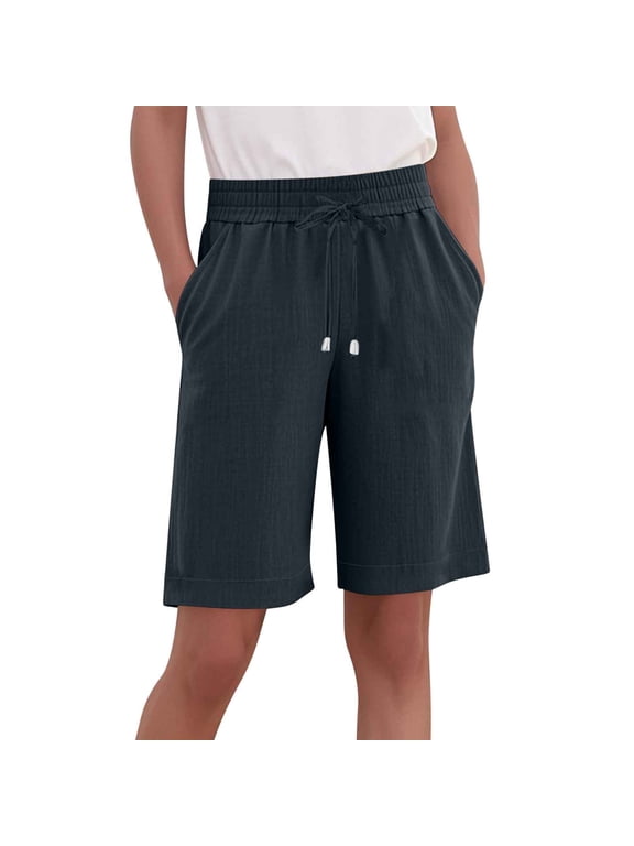 Women's Plus Size Bermuda Shorts Casual Knee Length Elastic High Waisted Drawstring Wide Leg Shorts Summer Beach Shorts