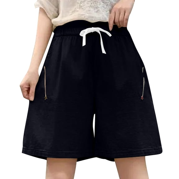 Lenpel Women's Plus Size Bermuda Shorts Cotton Elastic High Waisted Drawstring Wide Leg Casual Shorts Knee Length Shorts