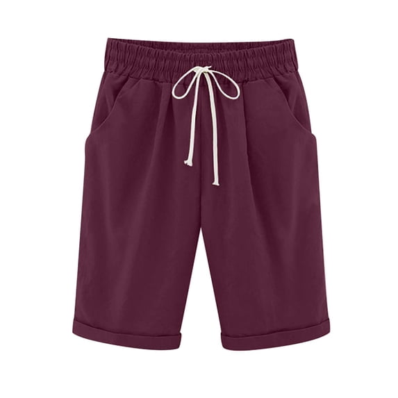 Lenpel Women's Plus Size Bermuda Shorts Elastic High Waisted Drawstring Knee Length Shorts Lightweight Casual Shorts with Pockets