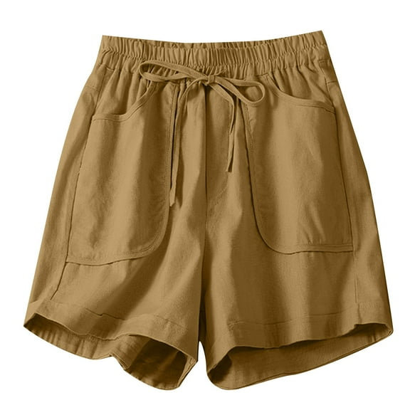 Lenpel Women's Plus Size Bermuda Shorts Summer Casual Elastic Waist Drawstring Wide Leg Cotton Linen Shorts Knee Length Shorts with Pockets