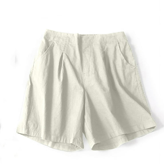 Lenpel Women's Plus Size Bermuda Shorts Summer Casual Elastic Waist Drawstring Wide Leg Cotton Linen Shorts Knee Length Shorts with Pockets